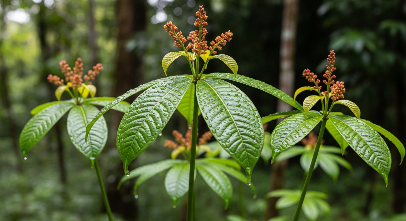 Photorealistic close up of standardized herbal extract capsules beside lab glassware on a clean table, suggesting clinical research on natural testosterone support