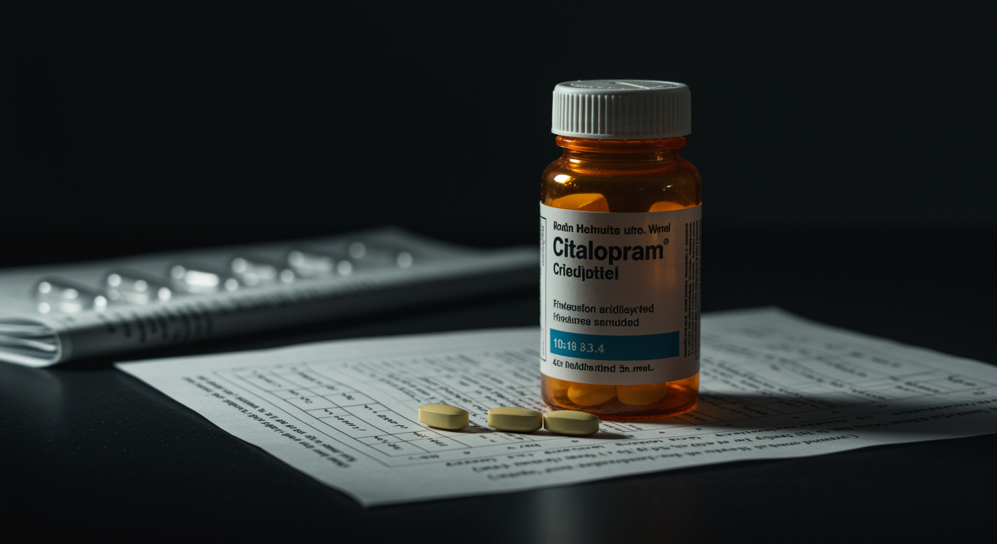 Citalopram medication bottle with clinical measurement charts on medical desk with professional lighting