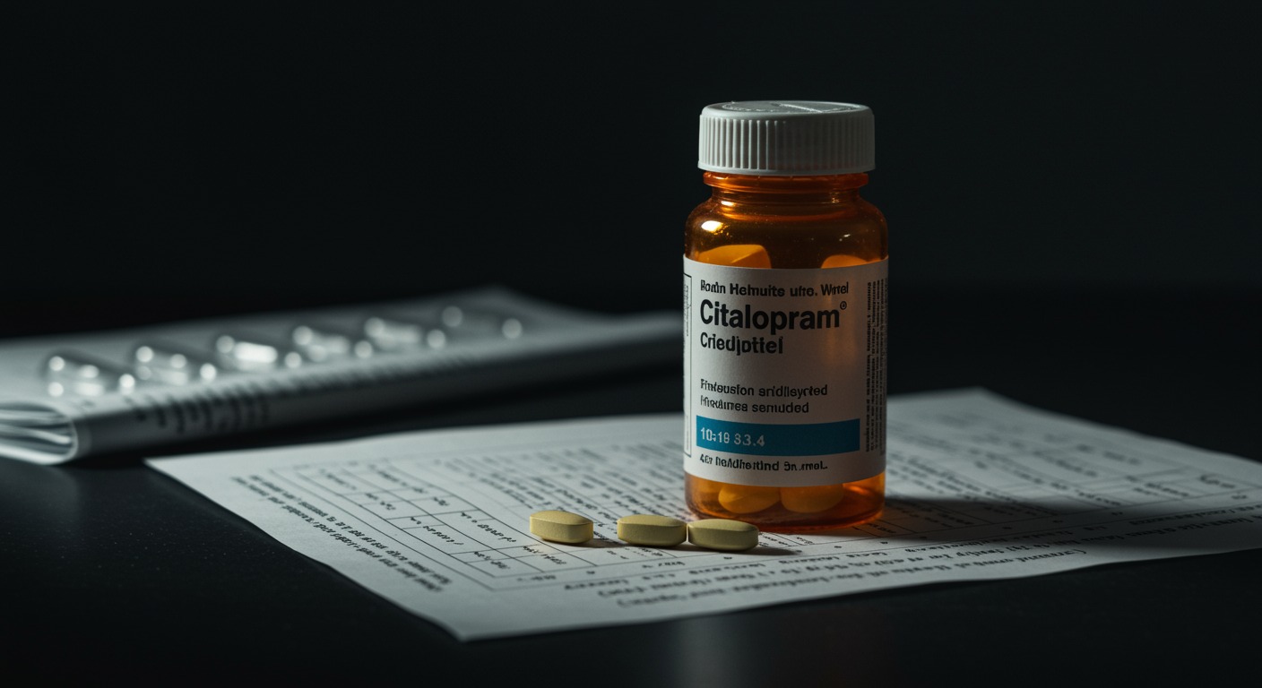 Citalopram medication bottle with clinical measurement charts on medical desk with professional lighting