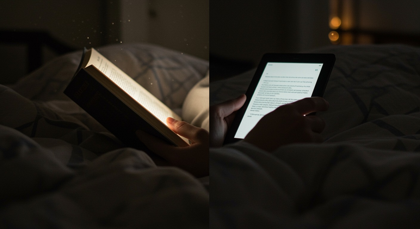 Photorealistic comparison of person reading paper book versus light-emitting e-reader at bedtime, showing circadian disruption effects, soft evening lighting, no text