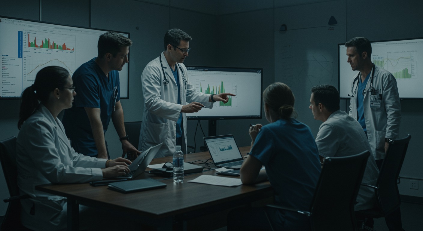 Group of medical professionals reviewing research data on screens in a modern conference room during a clinical consensus meeting