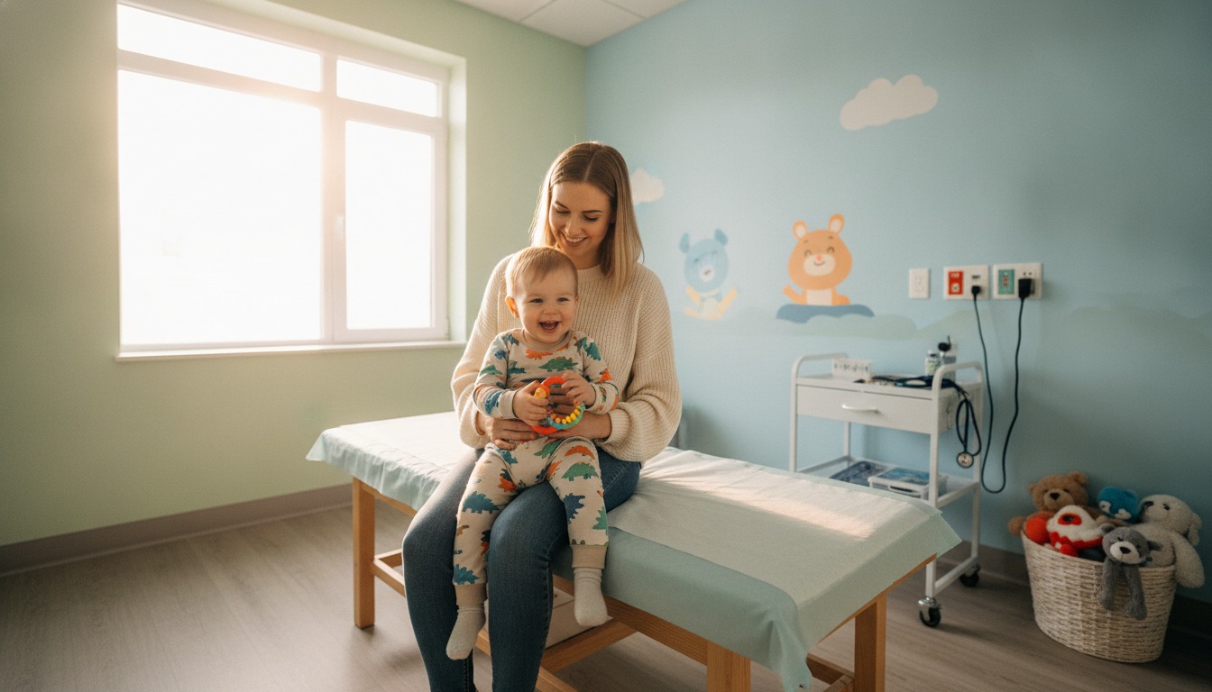 A parent holding a young child on their lap in a bright pediatric exam room with soft natural light
