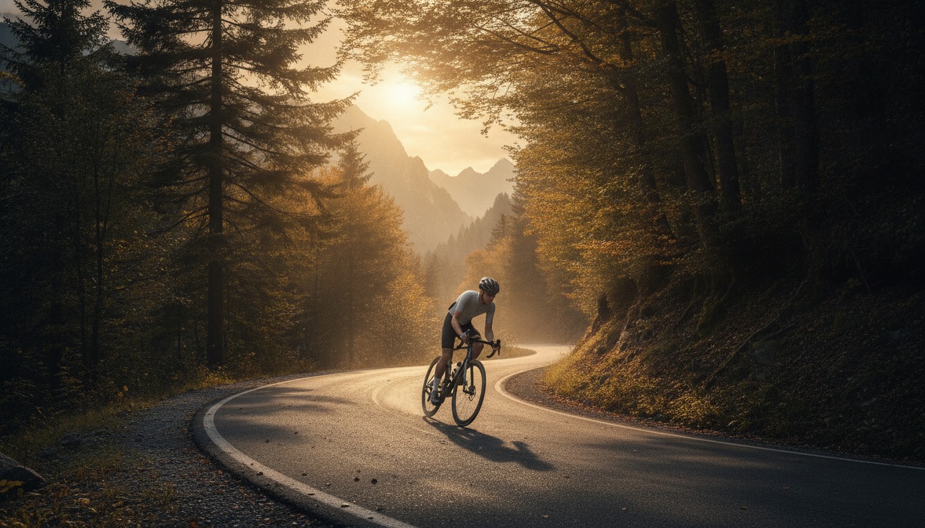 Cyclist riding through a forested mountain road with warm dappled sunlight filtering through the canopy