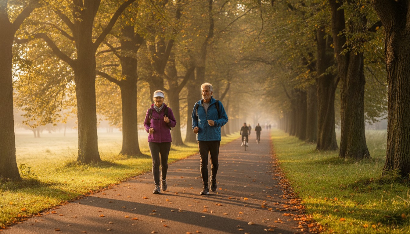 Older couple walking briskly along a tree-lined park path in warm morning light