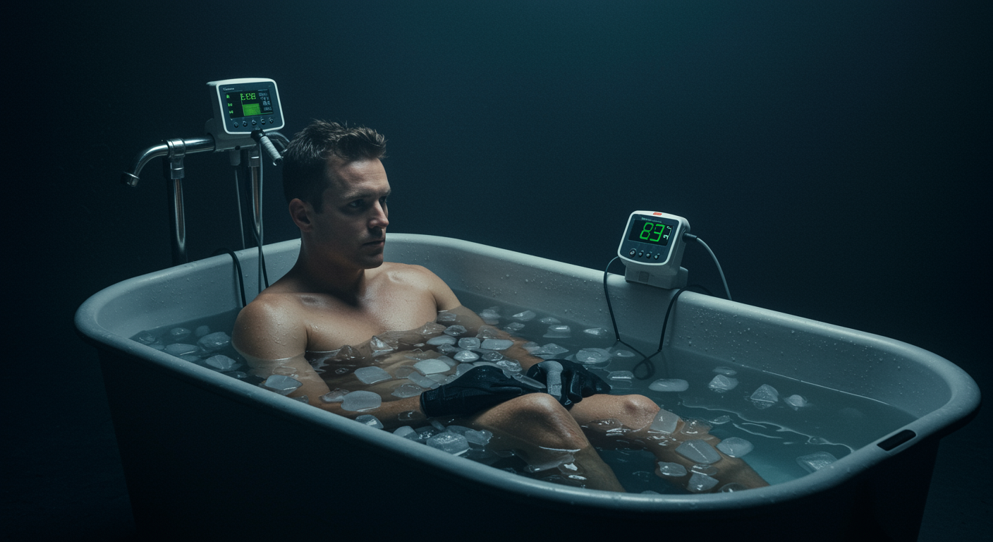 Athlete in ice bath with exercise equipment and recovery monitoring devices