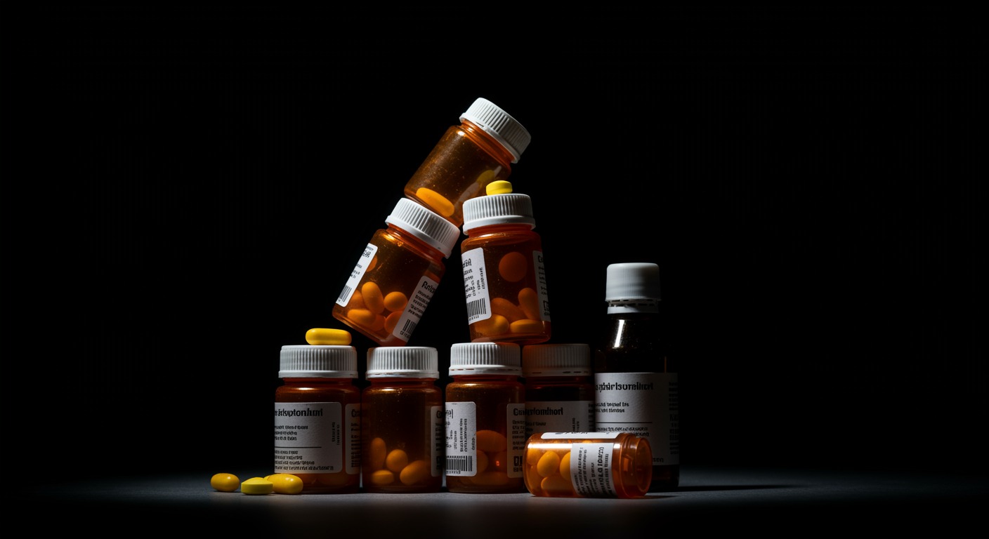 Stack of prescription medication bottles, dramatic side lighting, no text, clean composition