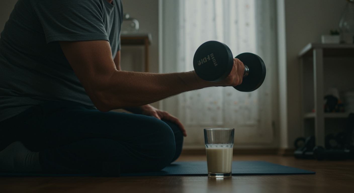 An older adult lifting a dumbbell in a bright home gym with a glass of milk nearby