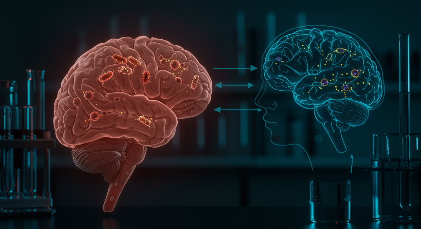 Gut-brain axis diagram with probiotic bacteria and neural pathways connecting digestive system to brain on scientific workstation