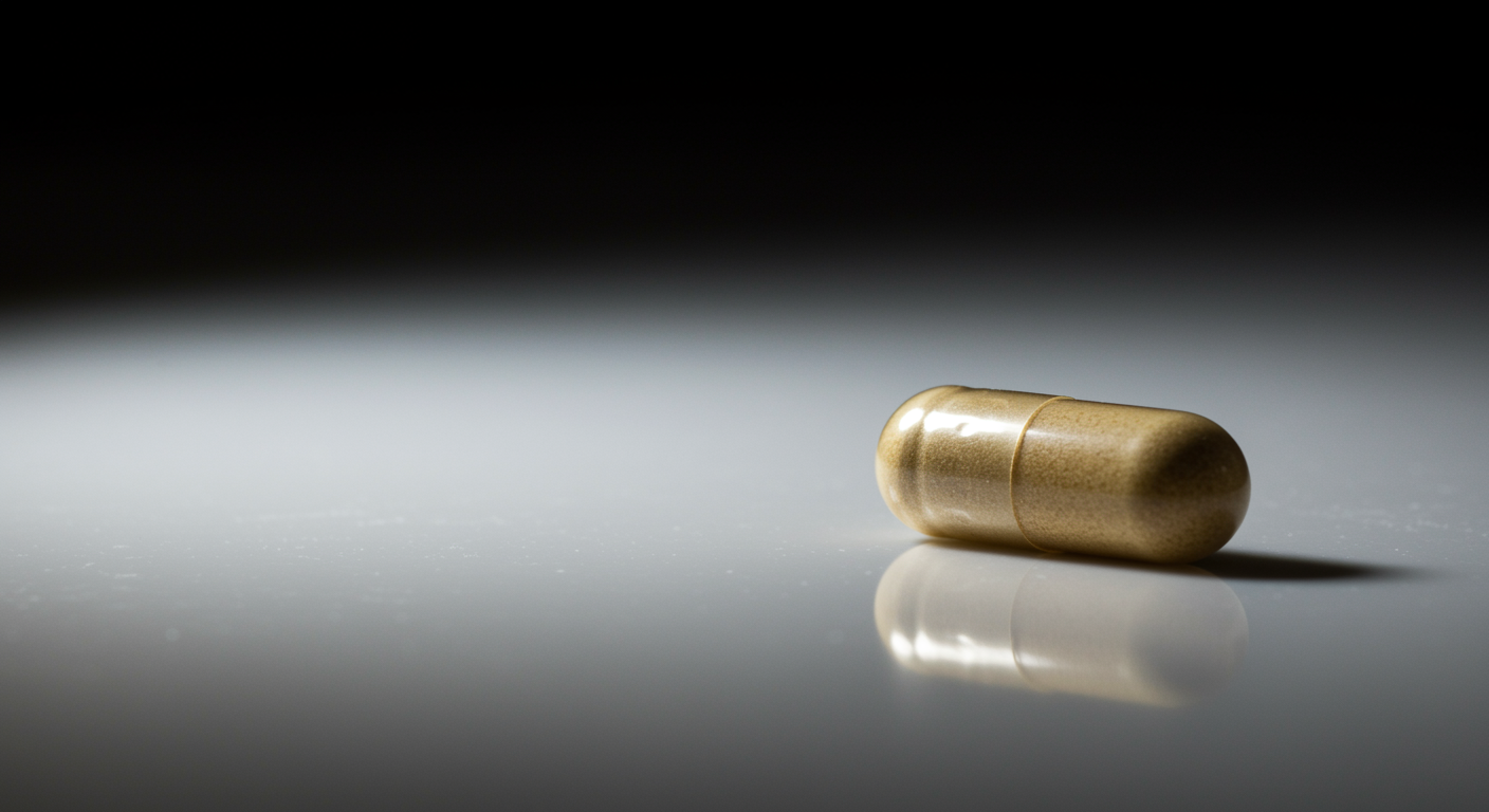 Single probiotic capsule on clean white surface with soft natural lighting