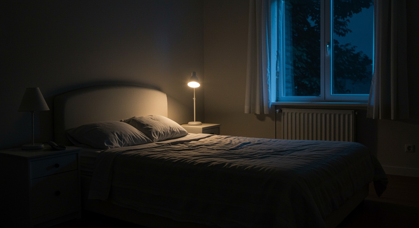 Photorealistic bedroom lighting showing melatonin suppression effects with extended light exposure analysis, circadian disruption visualization, soft warning lighting, no text