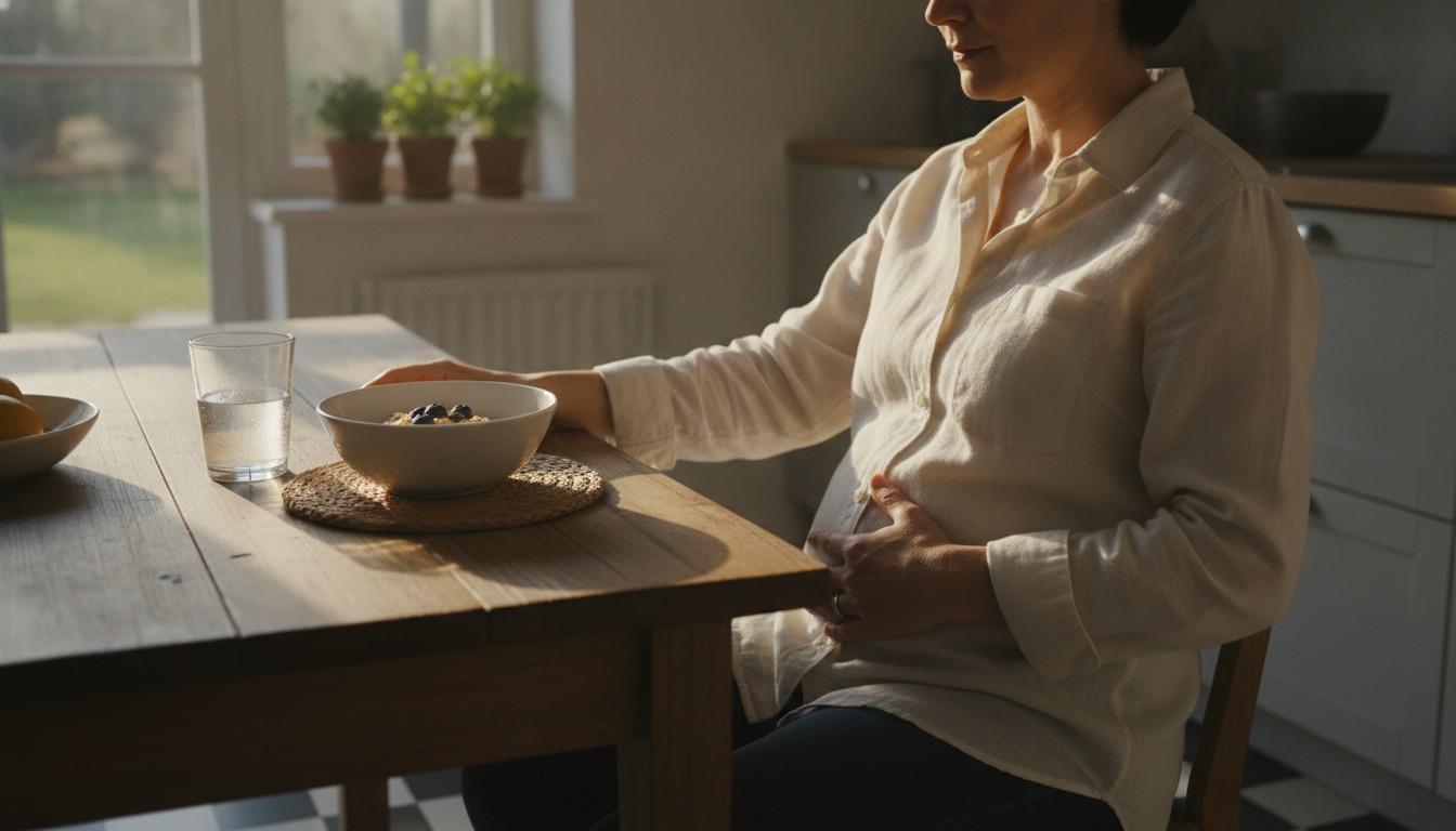 Adult sitting at a kitchen table in morning light with a hand resting on their stomach, a glass of water and a plain breakfast in front of them