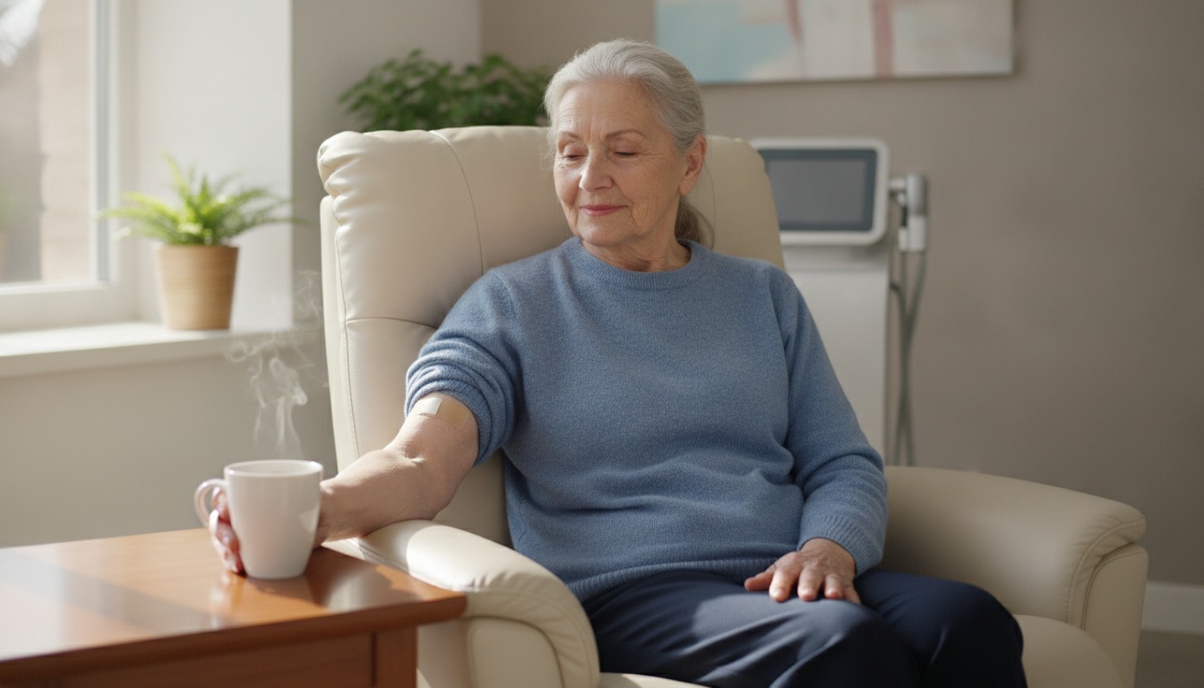 Older adult sitting in a bright clinic chair with a cotton ball taped to the inner elbow after a blood draw, a cup of coffee on the side table