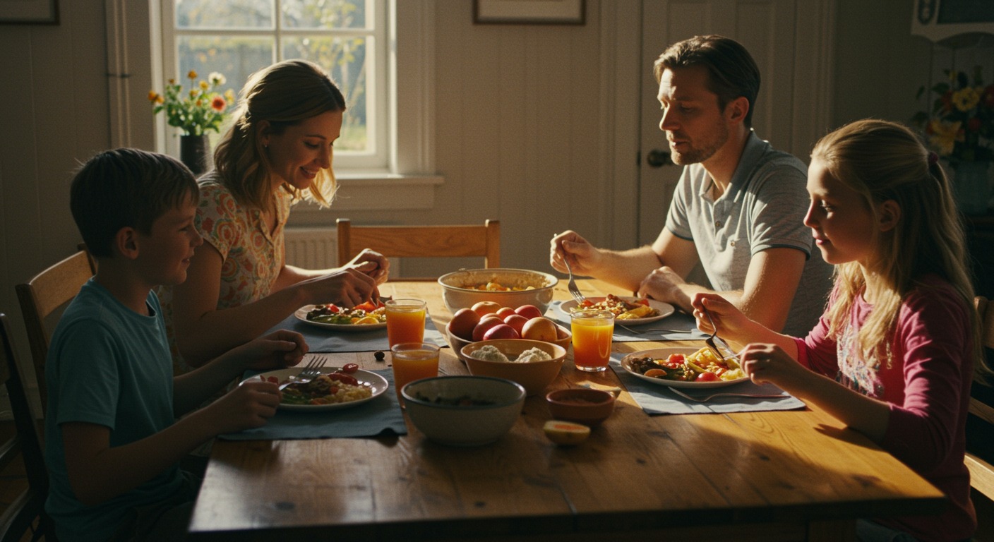 Family sharing a colorful home-cooked meal at a sunlit dining table with warm wood tones and inviting natural light