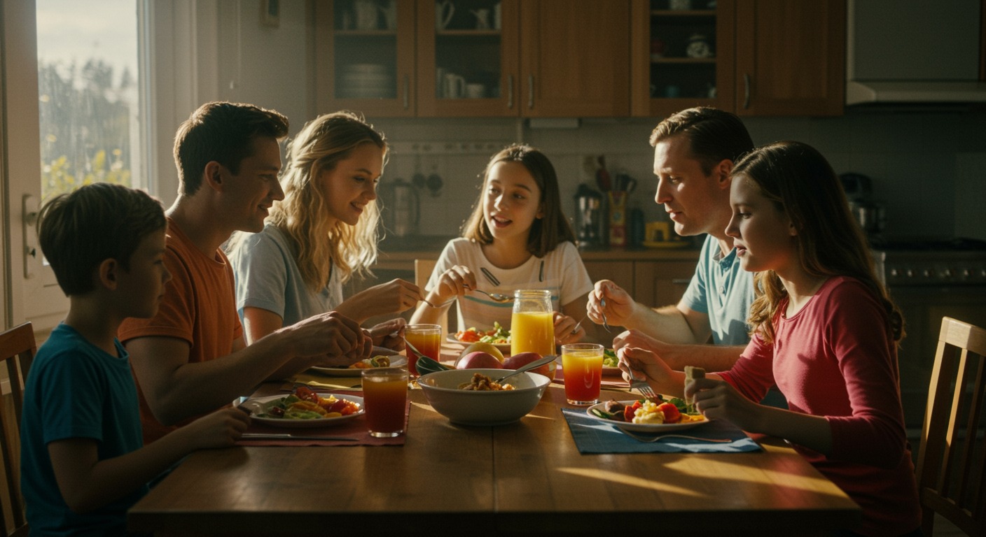 Family sharing a colorful home-cooked meal at a sunlit dining table with warm wood tones and inviting natural light