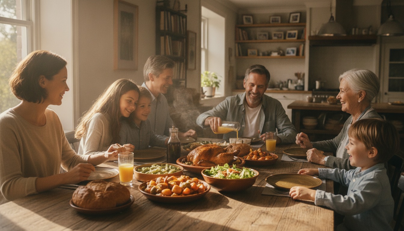 Supportive family sharing a warm moment together over a home-cooked meal at a sunlit wooden dining table