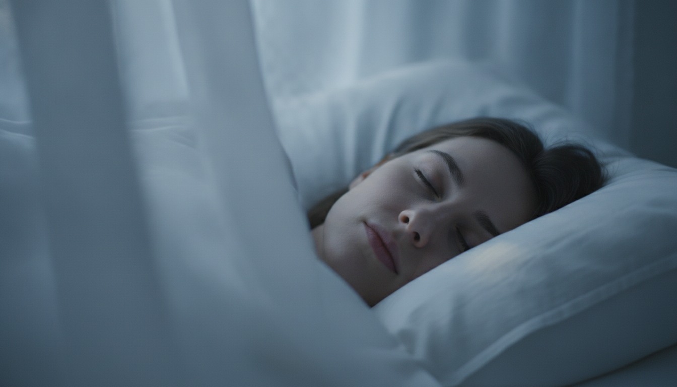 Close-up of a peaceful sleeping face on white pillows with soft moonlight blue tones through curtains