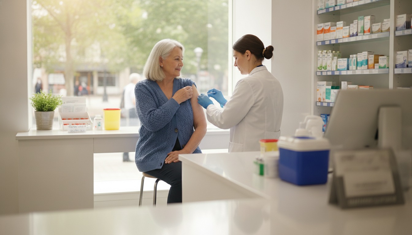 Older adult receiving a vaccination in the upper arm at a bright neighborhood pharmacy counter