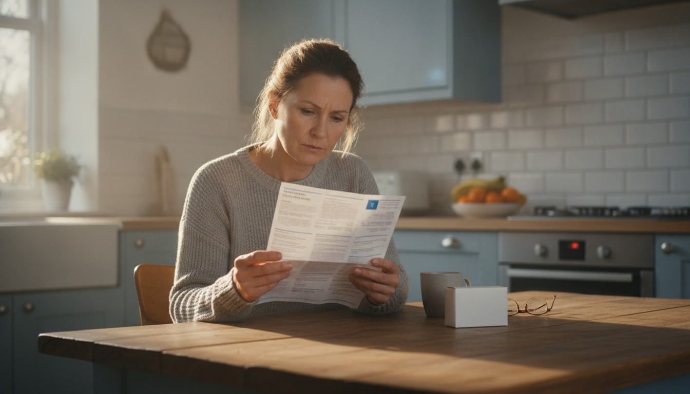 Woman in her fifties sitting at a kitchen table reading a pharmacy information leaflet beside a small prescription box, soft morning window light