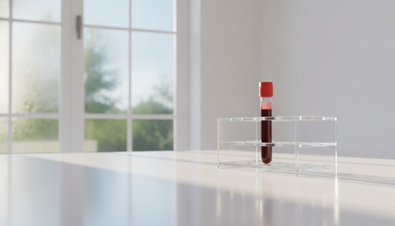 A single tube of blood resting in a rack on a clean white lab bench, lit by soft morning light from a window