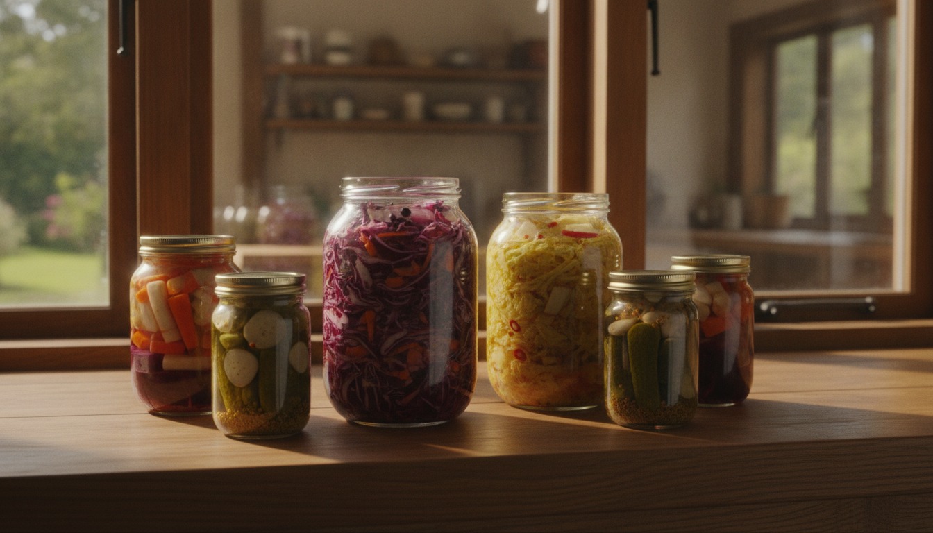 Glass jars of homemade fermented vegetables on a sunlit kitchen windowsill with warm wood tones