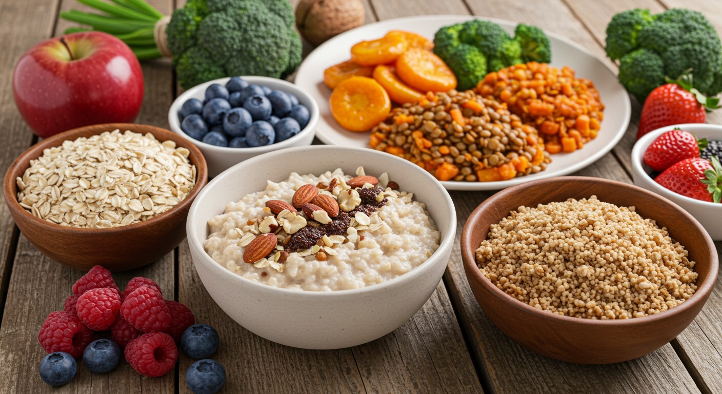 Oats and psyllium on a heart-shaped plate representing fiber's benefit for heart health