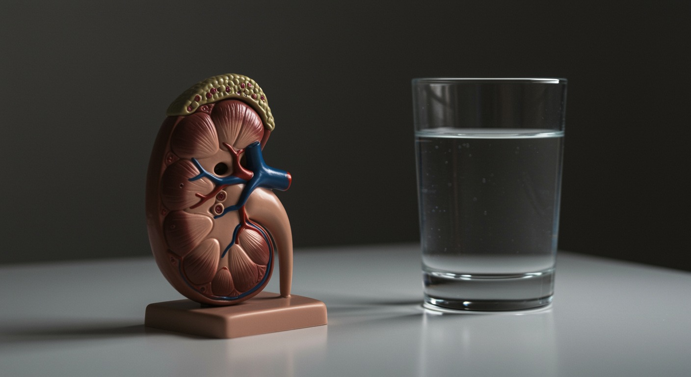 Close-up of a healthy human kidney model on a clean desk beside a glass of water in soft natural light