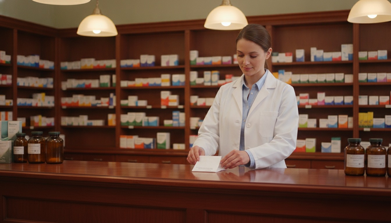 Pharmacist in a white coat placing a prescription on a polished wooden counter in a warmly lit pharmacy