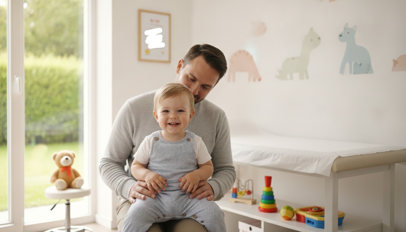 Toddler sitting on a parent's lap in a bright pediatric exam room with soft natural light from a nearby window