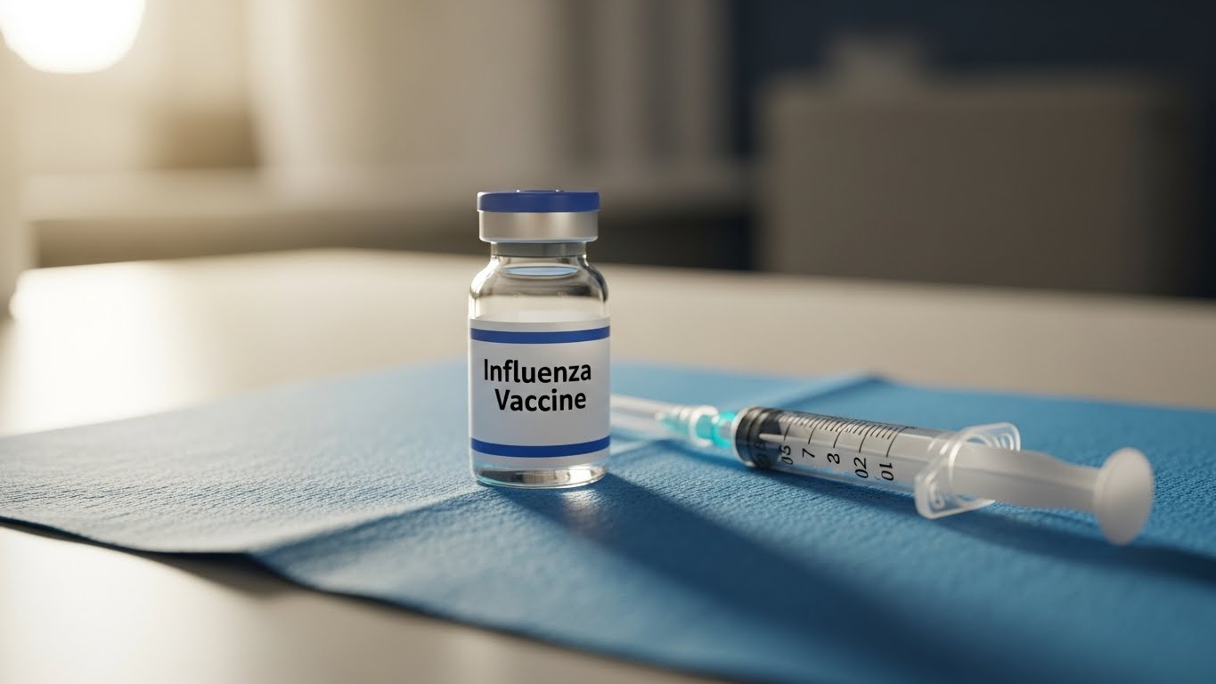 Flu vaccine vial and syringe on medical table with soft lighting