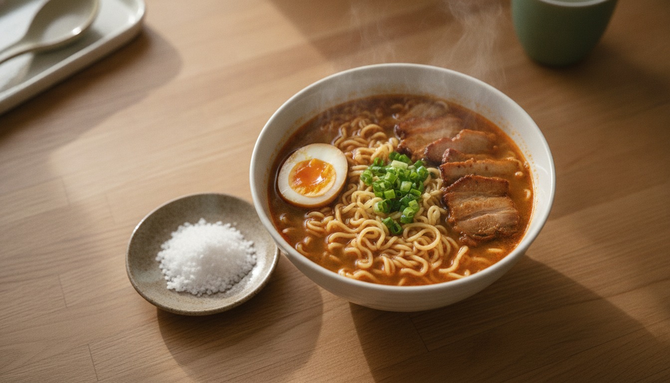 Overhead shot of a bowl of instant noodles and a small dish of white seasoning crystals on a wooden kitchen counter in soft daylight