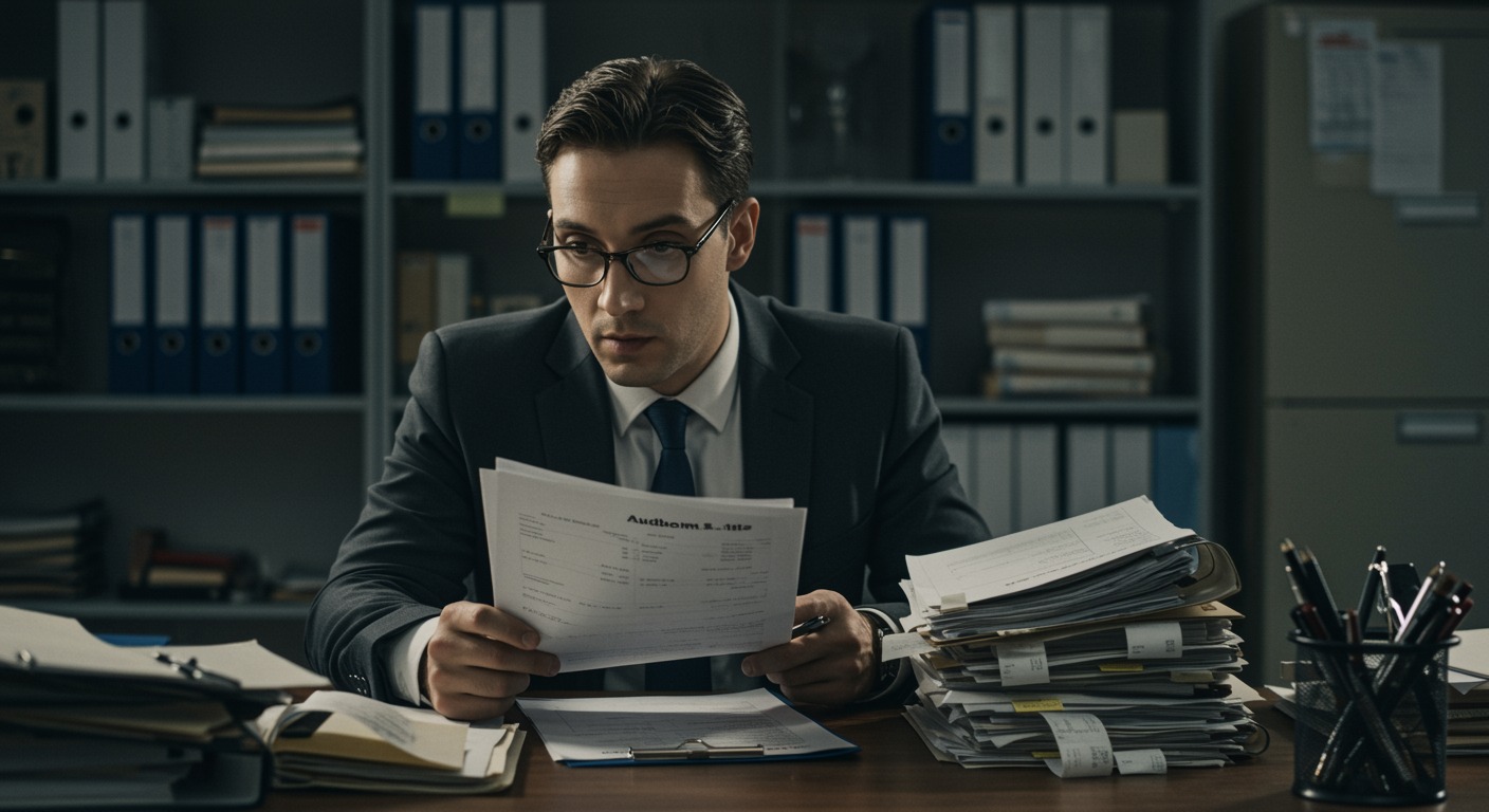An auditor reviewing stacks of financial documents and receipts at a desk in a field office with filing cabinets in the background