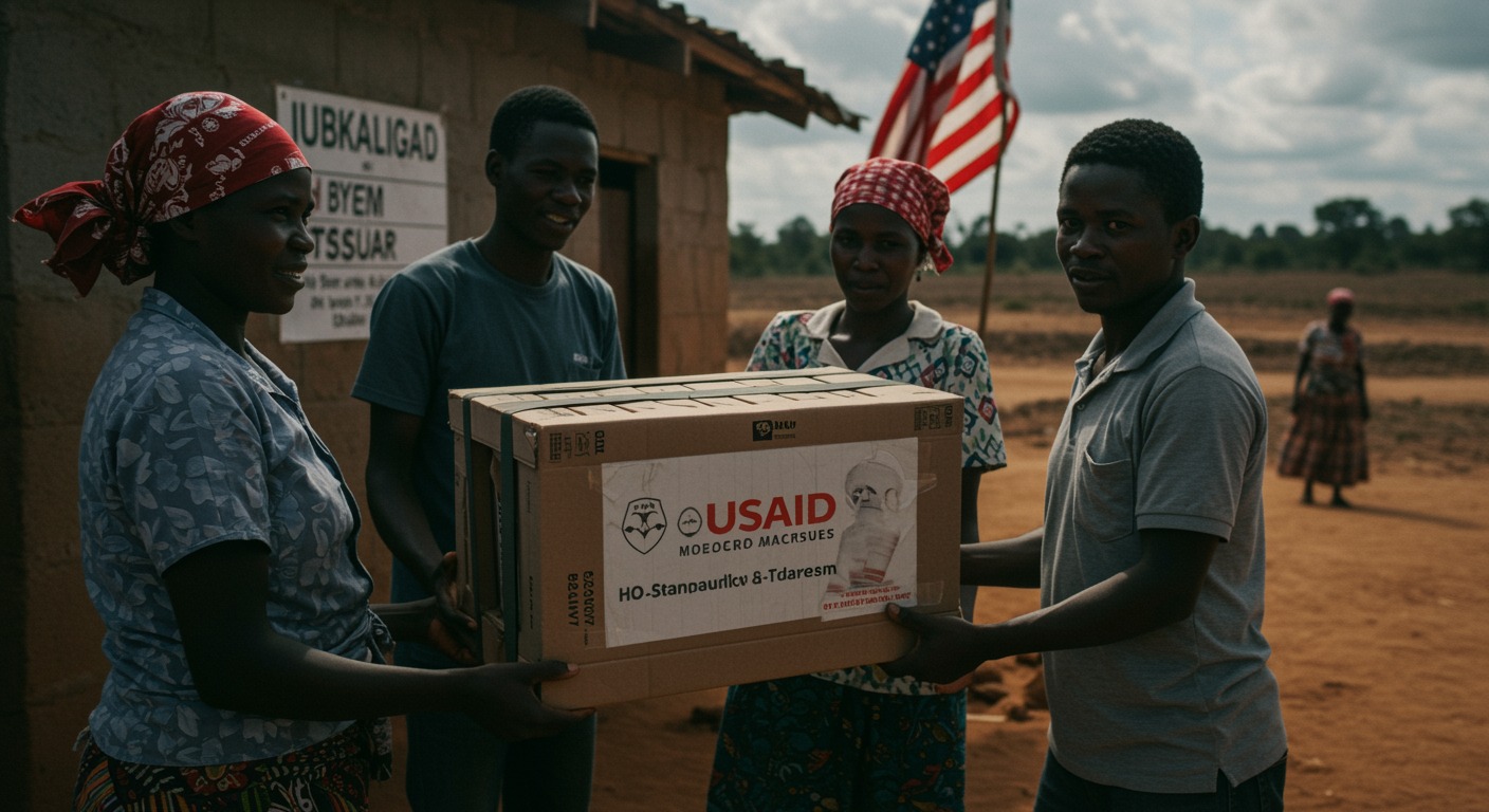 A USAID-branded crate of medical supplies being unloaded at a rural health outpost with local workers and an American flag visible