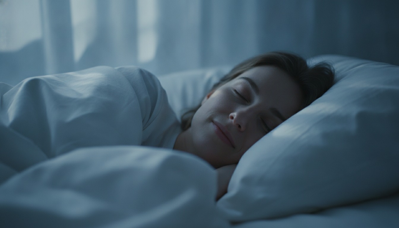 Close-up of a peaceful sleeping face on white pillows with soft moonlight blue tones through curtains