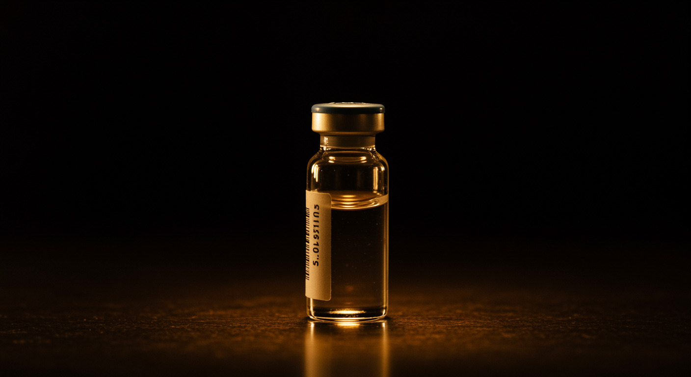 Single glass insulin vial, warm amber lighting, no text, vintage medical aesthetic