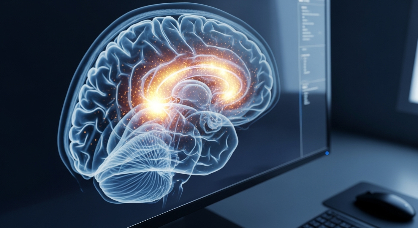 Brain scan image showing neural networks with soft blue lighting on medical monitor