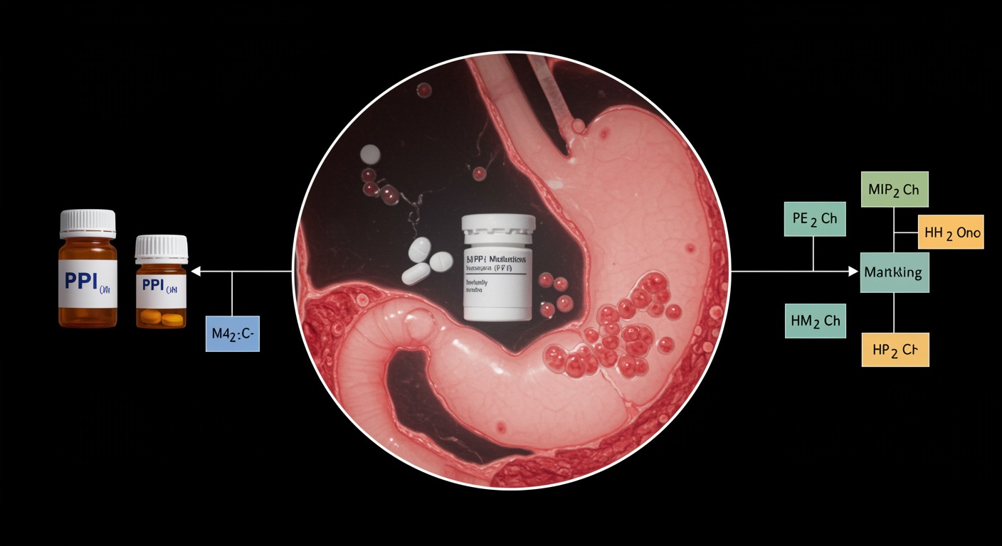 Endoscopic view of fundic gland polyps in stomach with PPI medication bottles and clinical decision-making flowchart
