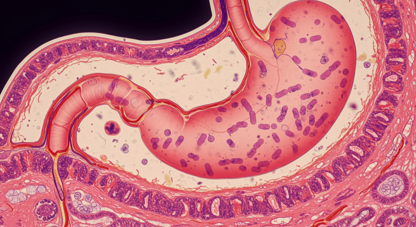 Microscopic view of Helicobacter pylori bacteria in stomach lining with anatomical diagram showing gastroesophageal junction