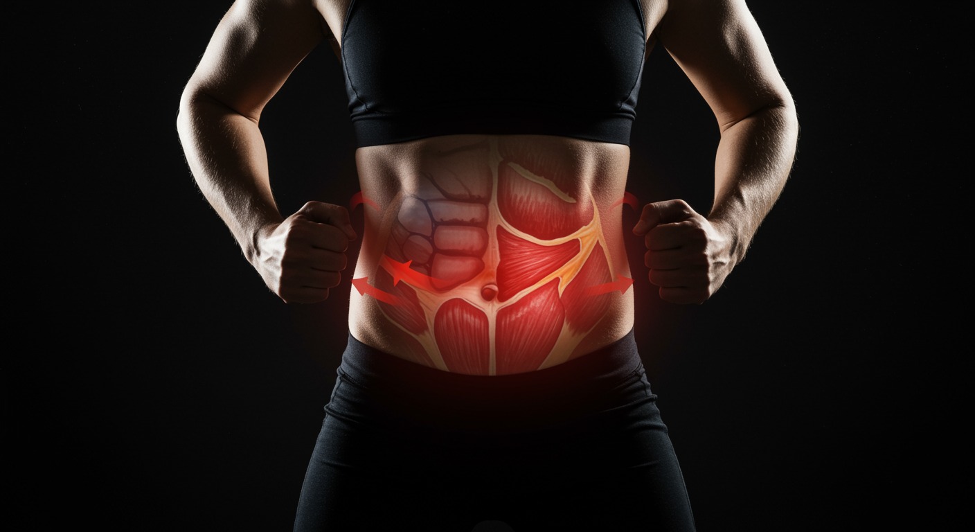 Athletes exercising with anatomical overlay showing stomach position changes and increased abdominal pressure during physical activity