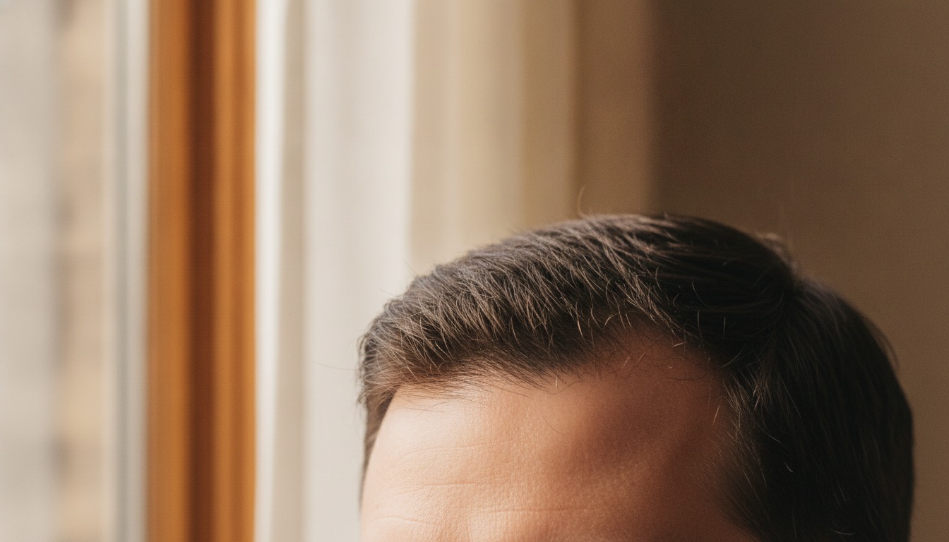 Close-up of a man's hairline and scalp in soft natural window light