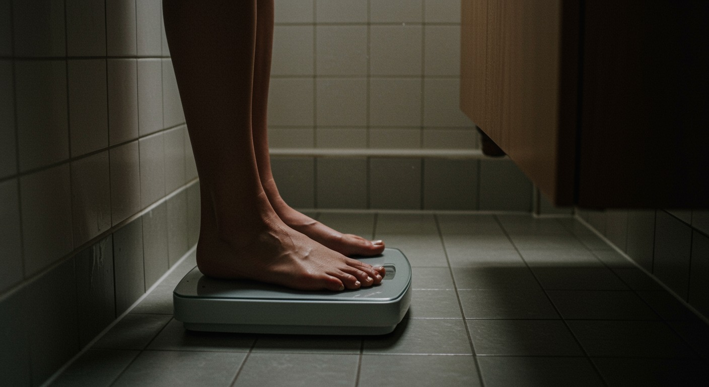 Person stepping on a scale in a bright bathroom with clean neutral tones and soft natural light
