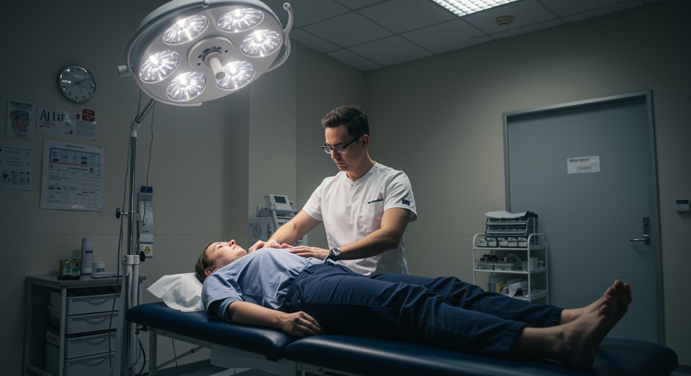 Physical therapist working with a patient in a bright clinical room with neutral white lighting