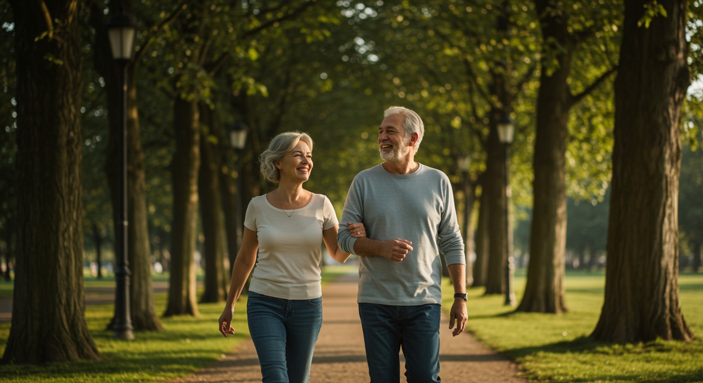 An active, relaxed older couple walking together along a sunny tree-lined park path on a warm morning, both smiling naturally, soft golden natural light, candid lifestyle photography