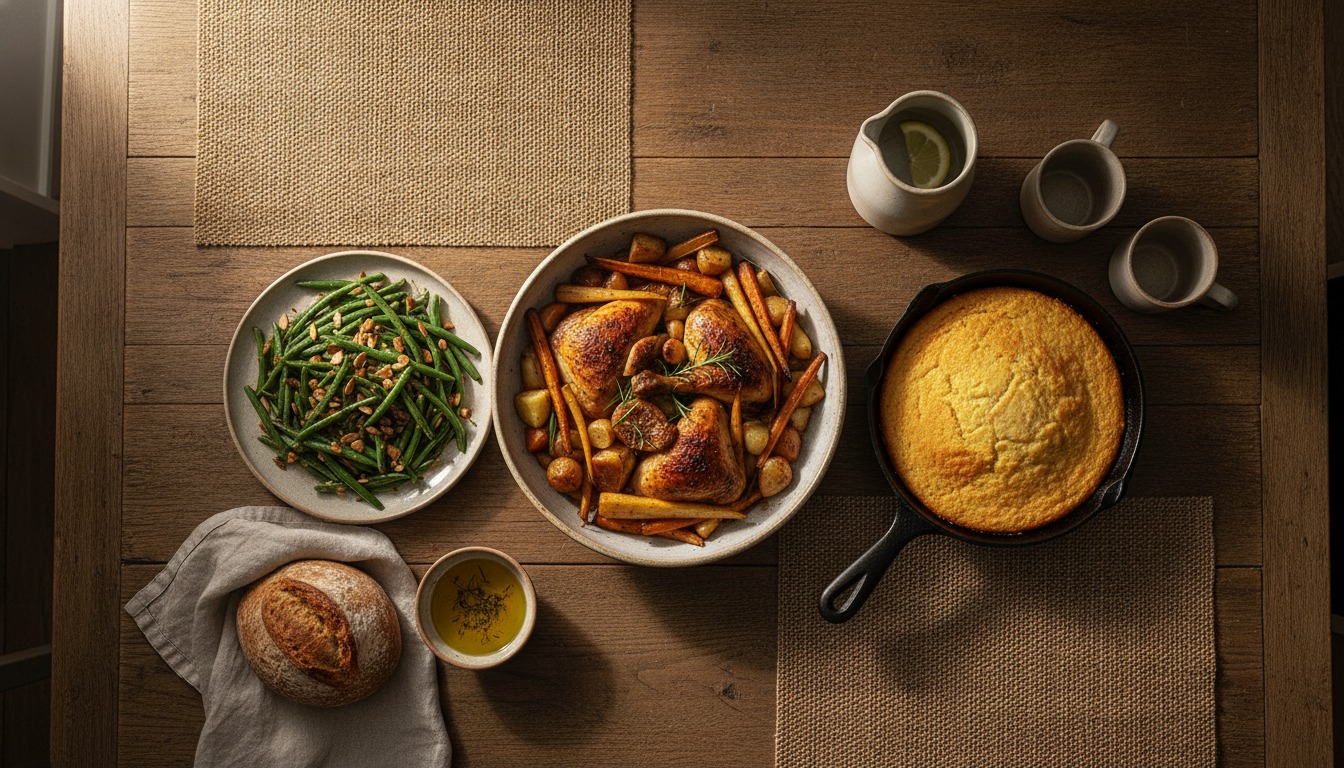 Overhead flat-lay of a wholesome home-cooked meal on a rustic wooden table with warm natural light and earthy tones
