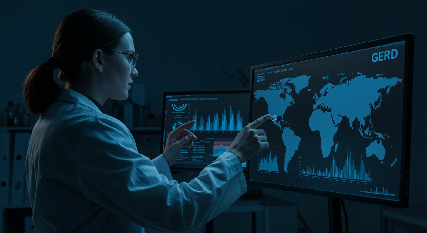 Medical professional examining global health data on digital screens showing GERD statistics across continents