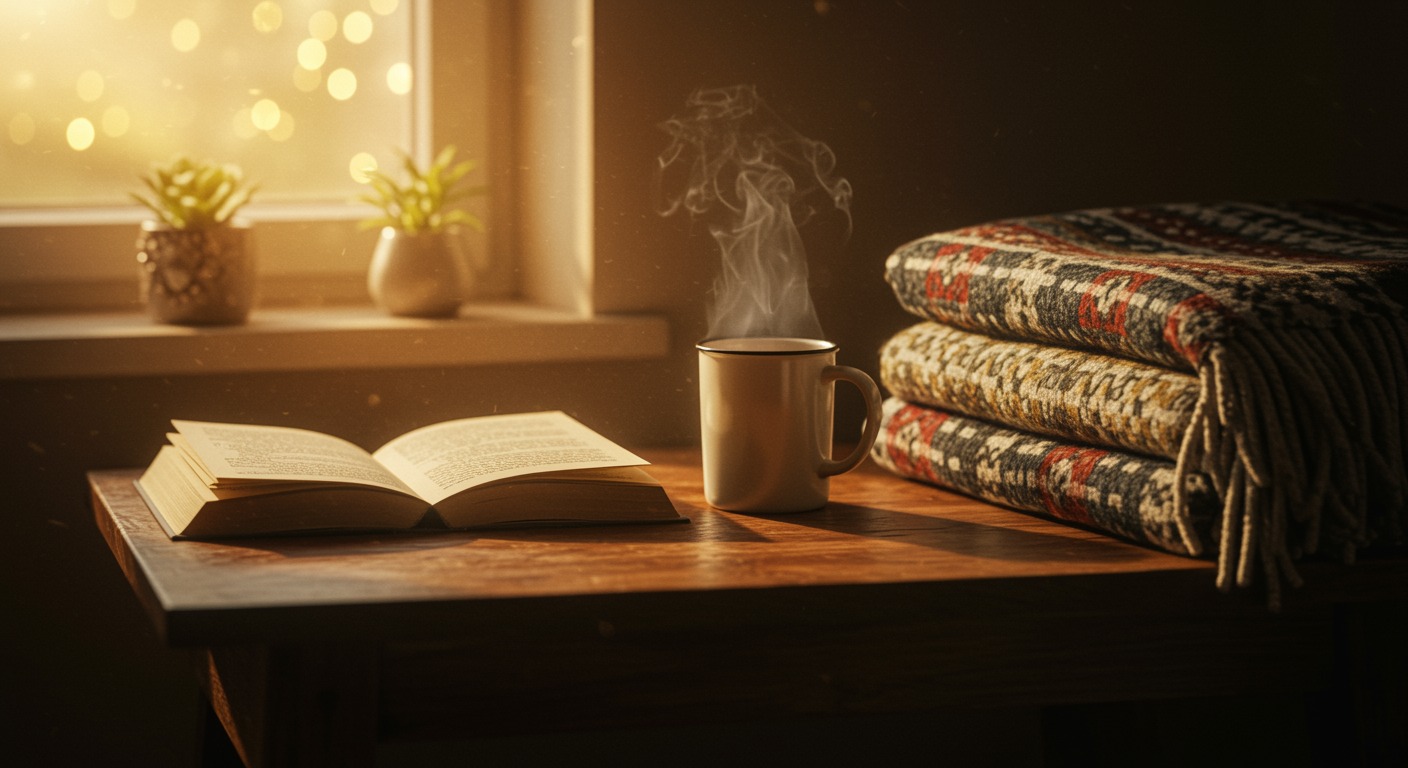 Cozy reading nook with an open book, a steaming mug of tea, and an afghan blanket on a wooden table by a sunlit window with warm golden light