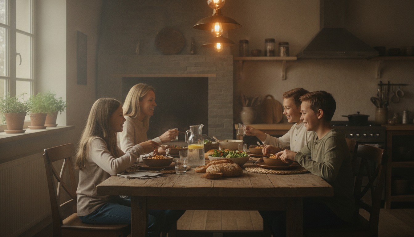 Family sharing a relaxed meal at a wooden dining table in a warmly lit kitchen with soft window light