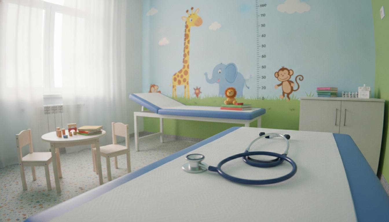 A pediatric exam room with a child-height growth chart on the wall and a stethoscope resting on a paper-covered exam table in soft daylight