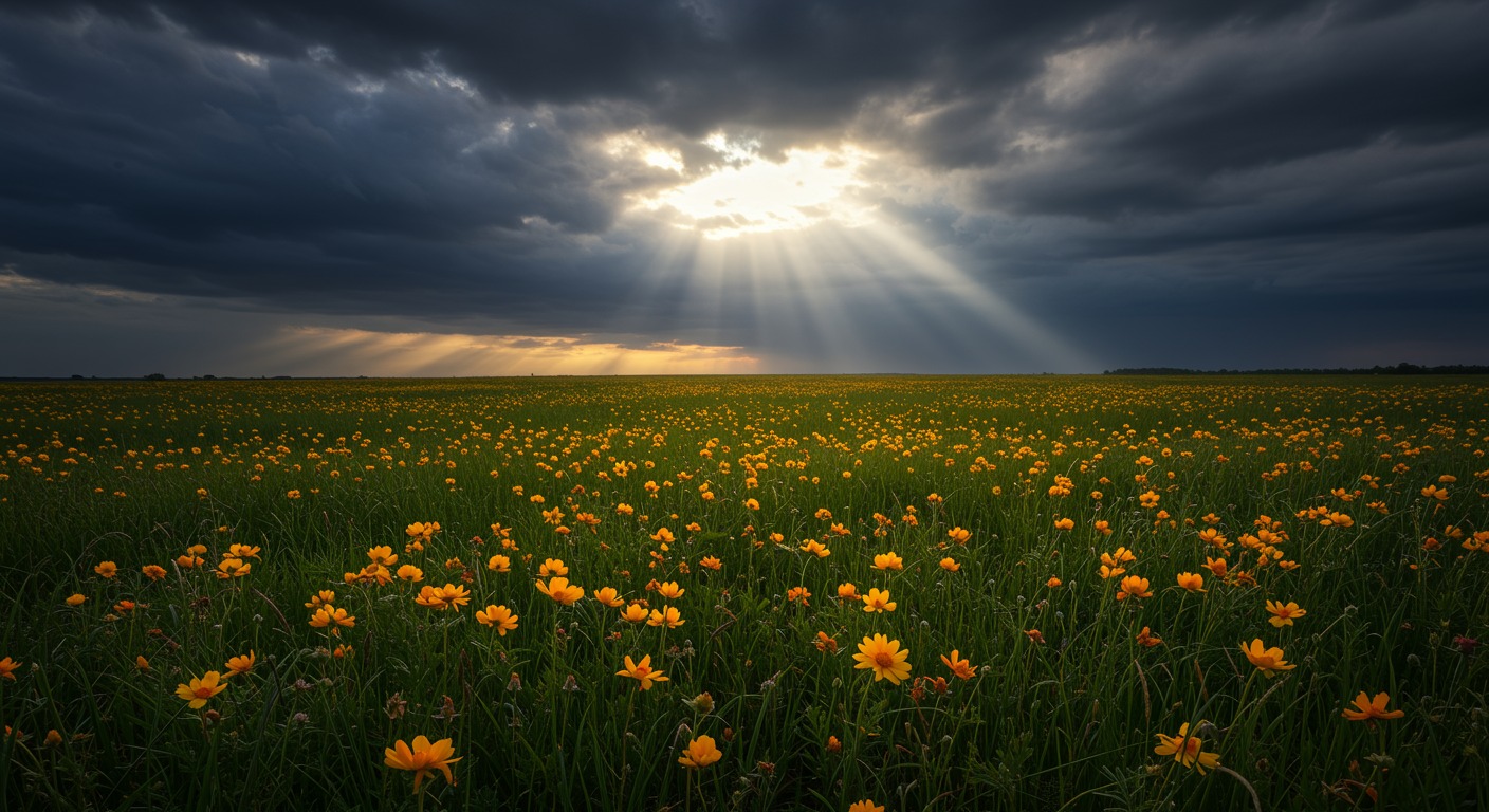 Bright wildflower meadow under dramatic clouds with a single beam of sunlight breaking through