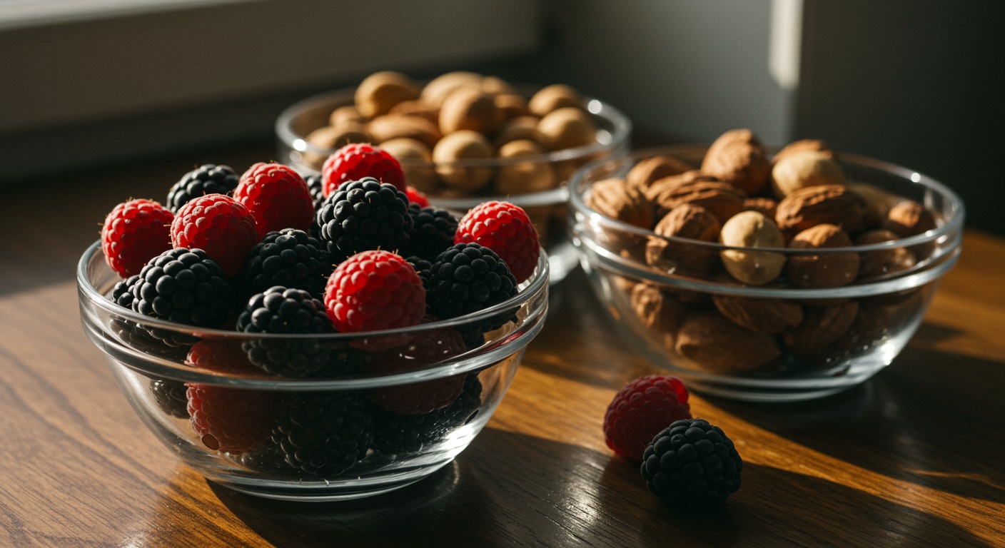 Close-up of colorful fresh berries and nuts in glass bowls with clean bright natural light from a side window
