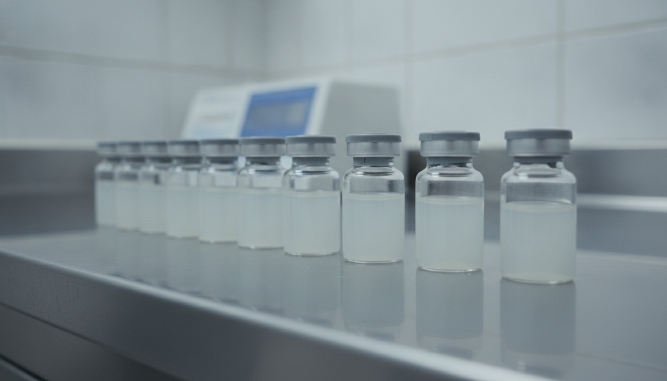 Row of small glass multidose medicine vials with gray rubber stoppers on a stainless steel pharmacy counter in soft clinical light
